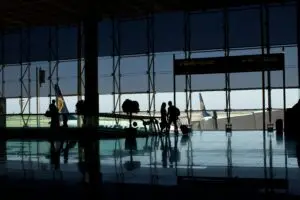 Aircraft on the tarmac. viewed from the airport departures lounge.