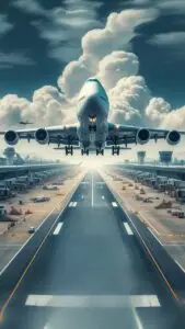 Plane taking off, surrounded by clouds