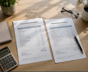 Funeral service quotations being compared on a desk