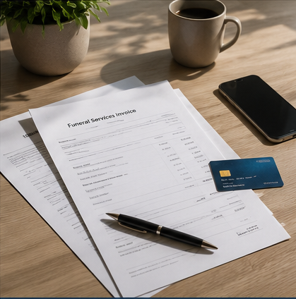 Funeral payment and administrative documents on a desk
